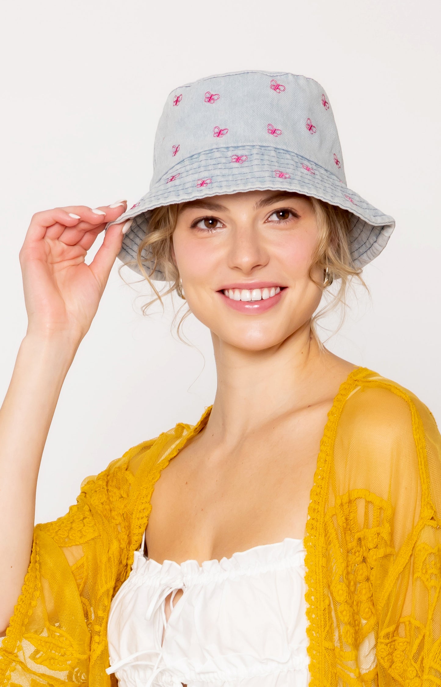 Embroidered Butterfly Denim Bucket Hat