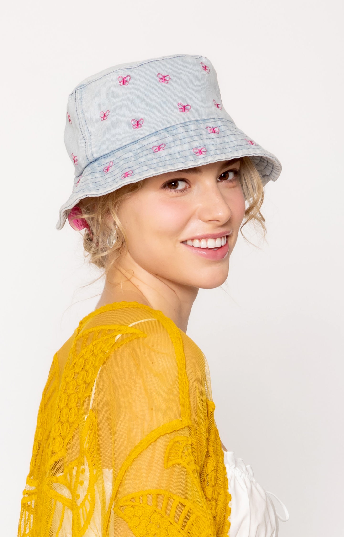 Embroidered Butterfly Denim Bucket Hat