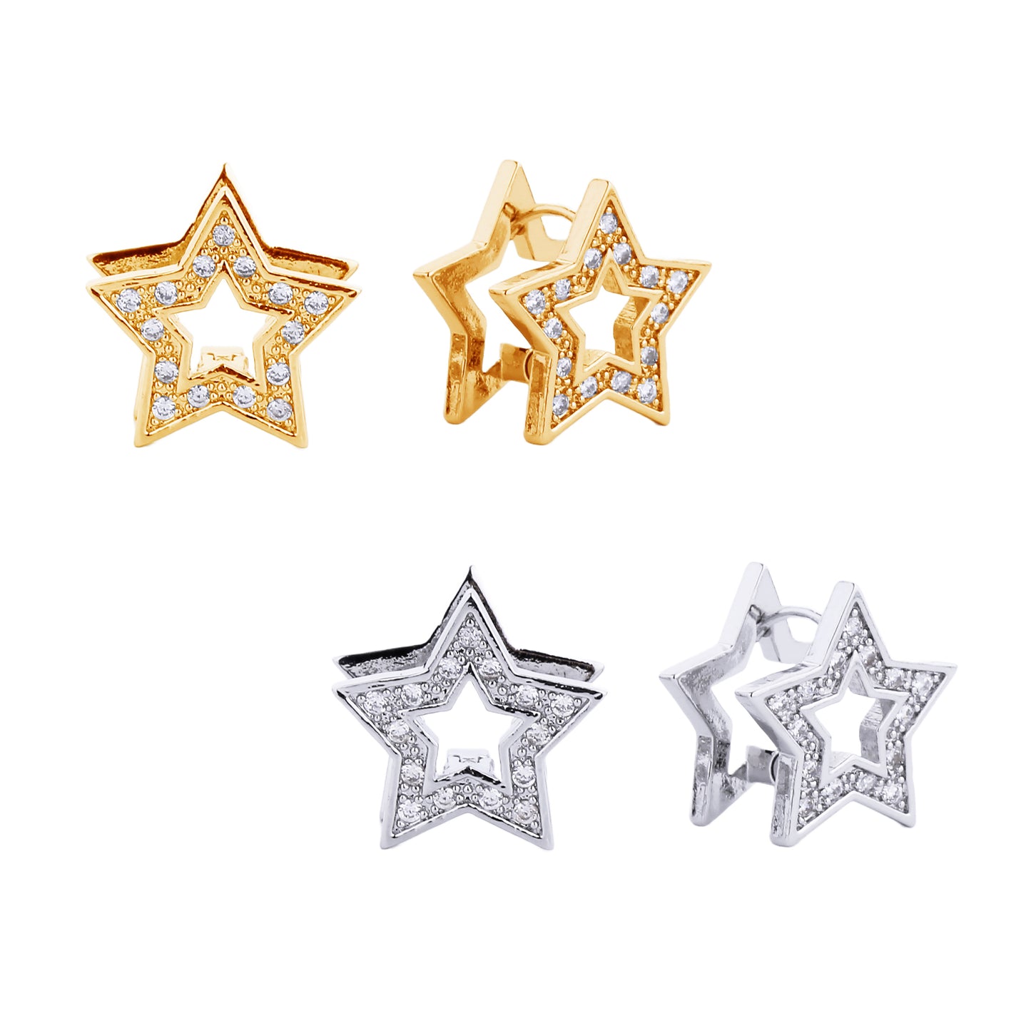 14K Gold/White Gold Dipped Star Pave CZ Huggie Earrings
