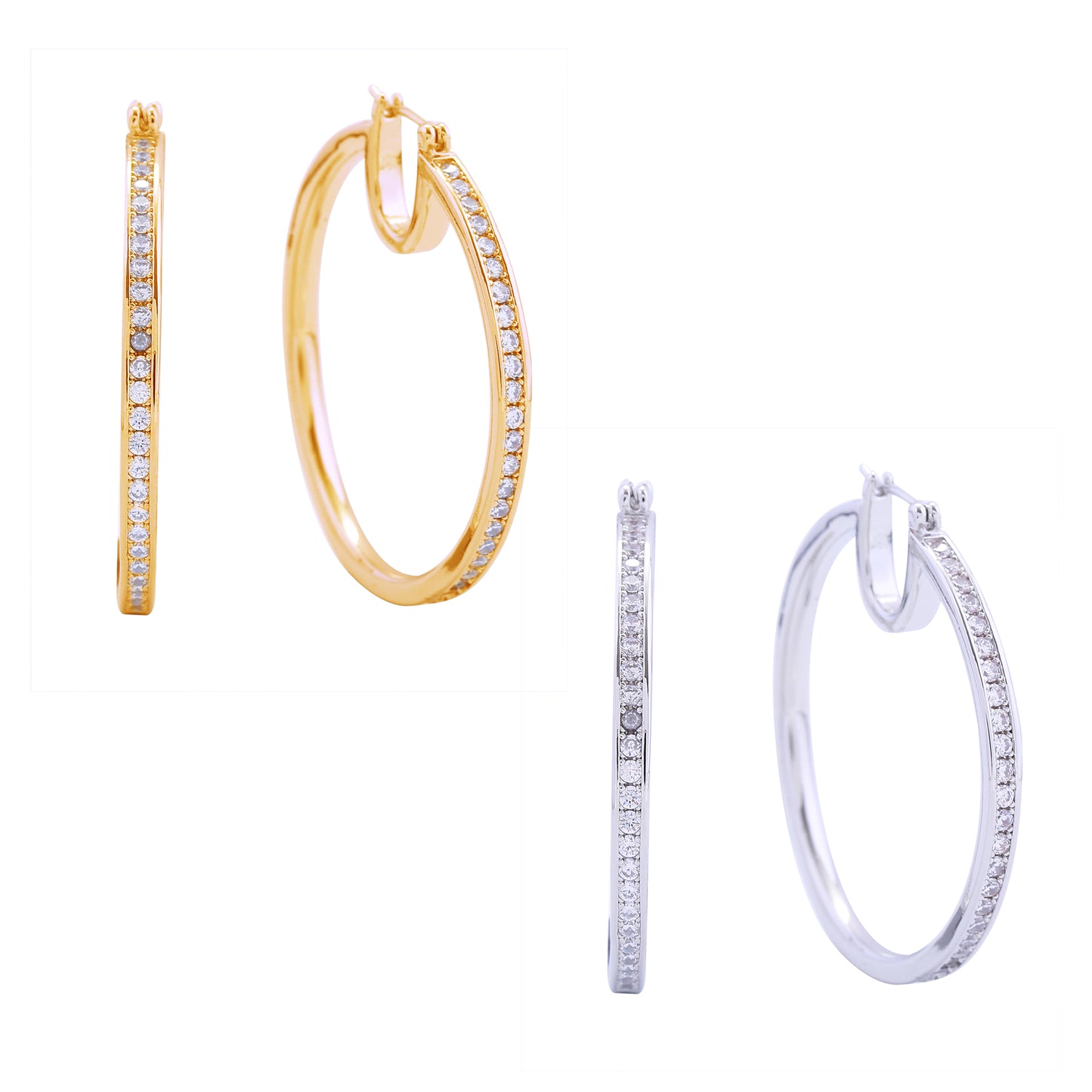 14K Gold/White Gold Dipped Pin Catch Hoop CZ Pave Earrings
