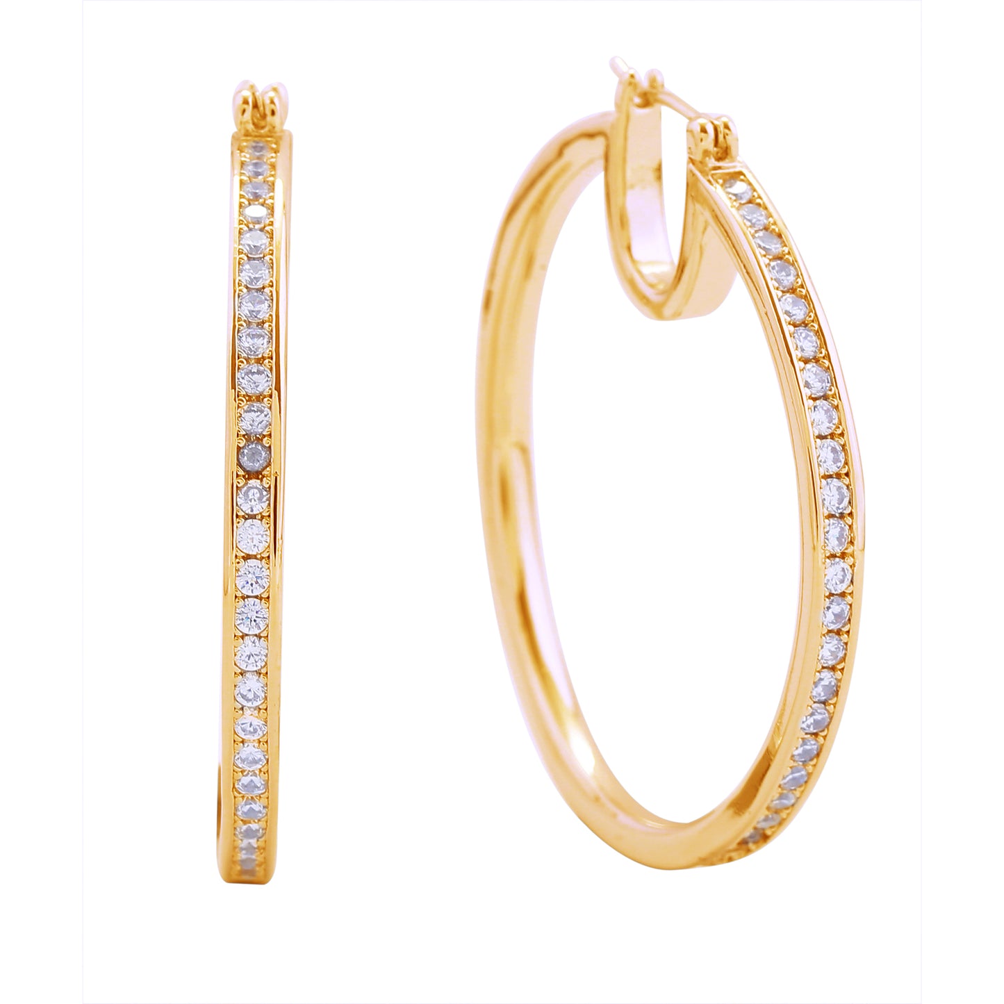 14K Gold/White Gold Dipped Pin Catch Hoop CZ Pave Earrings
