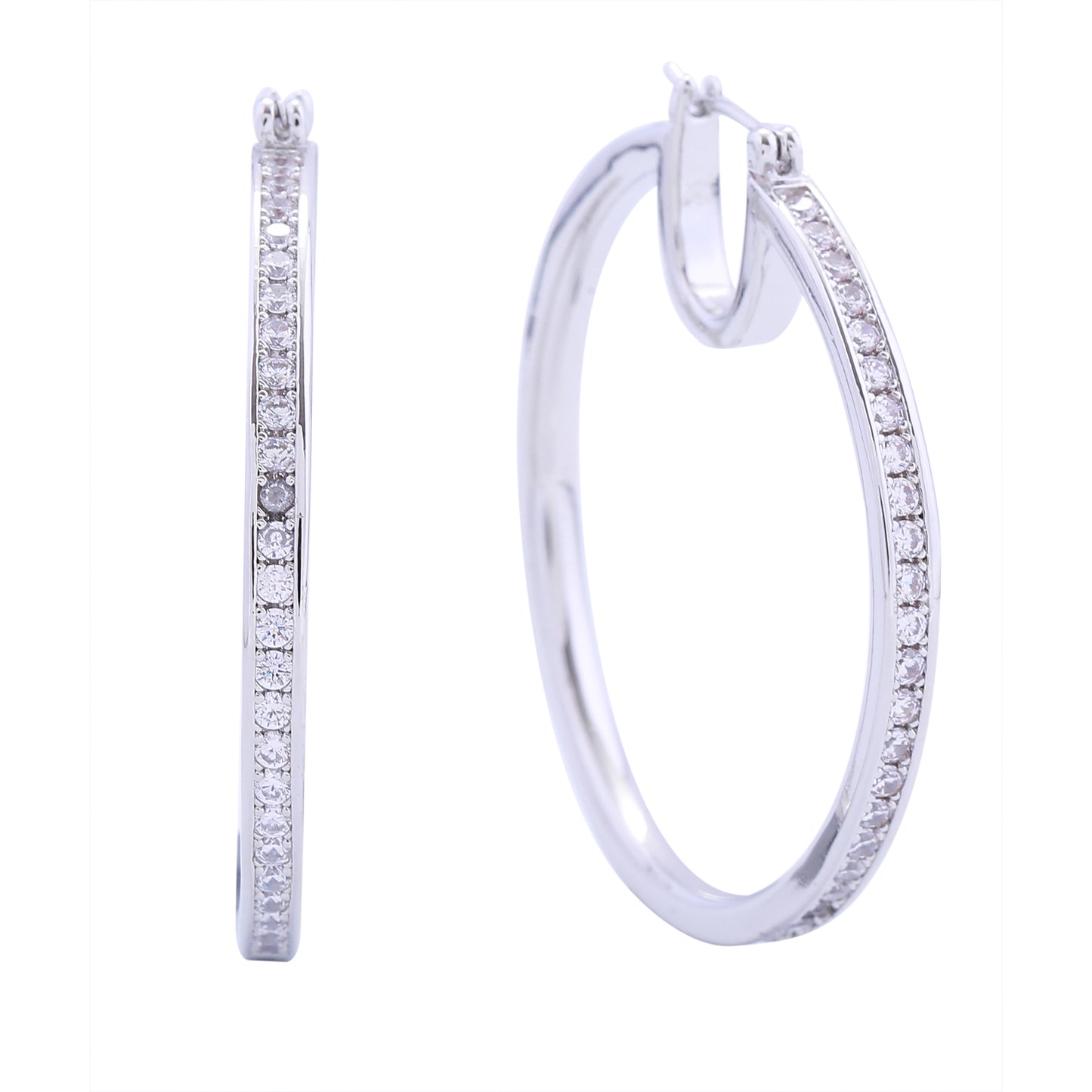 14K Gold/White Gold Dipped Pin Catch Hoop CZ Pave Earrings