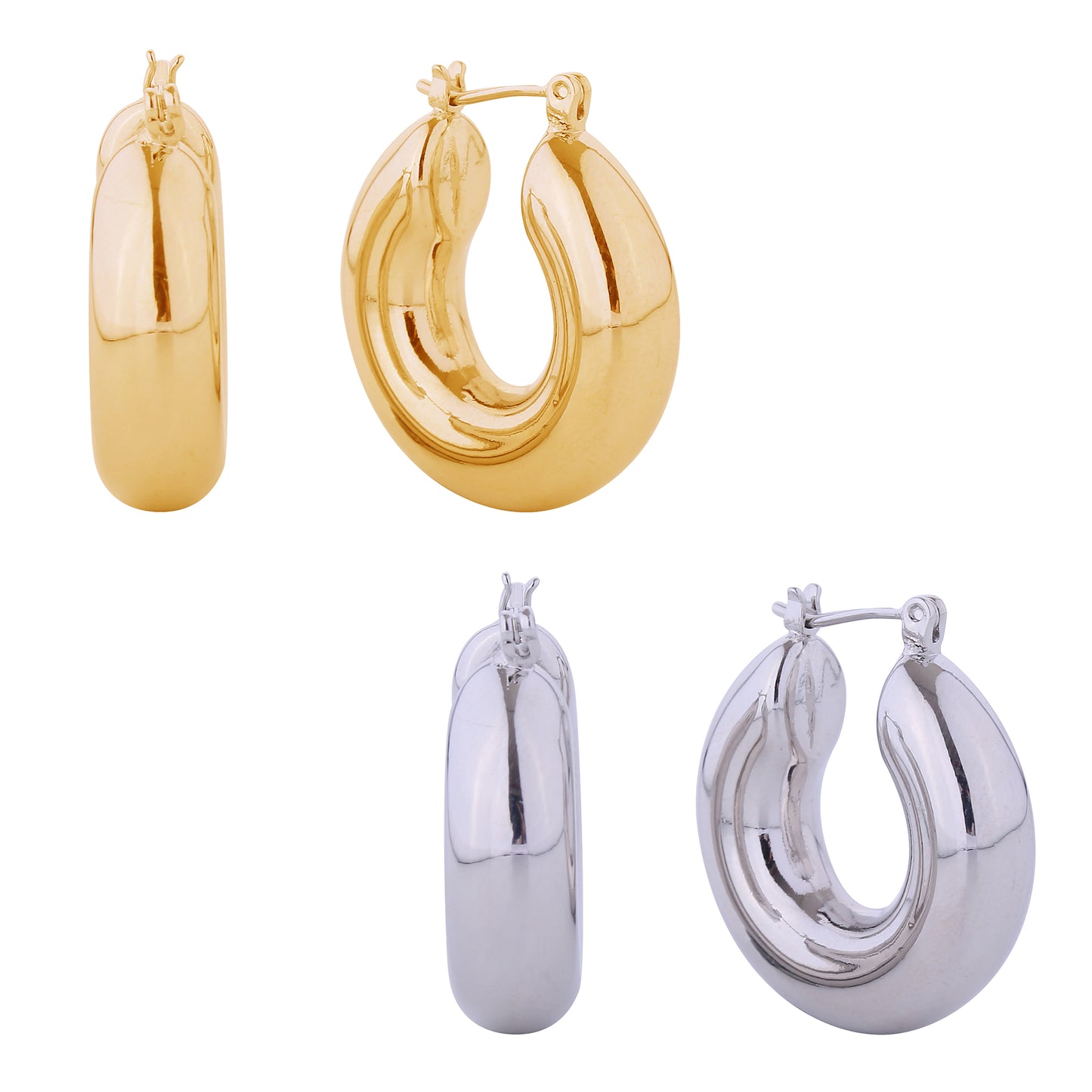 14K Gold/White Gold Dipped Thick Hoop Pin Catch Earrings
