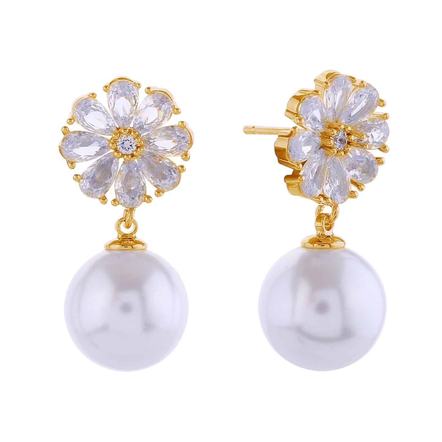 14K Gold/White Gold Dipped Flower Crystal Top Pearl Post Earrings