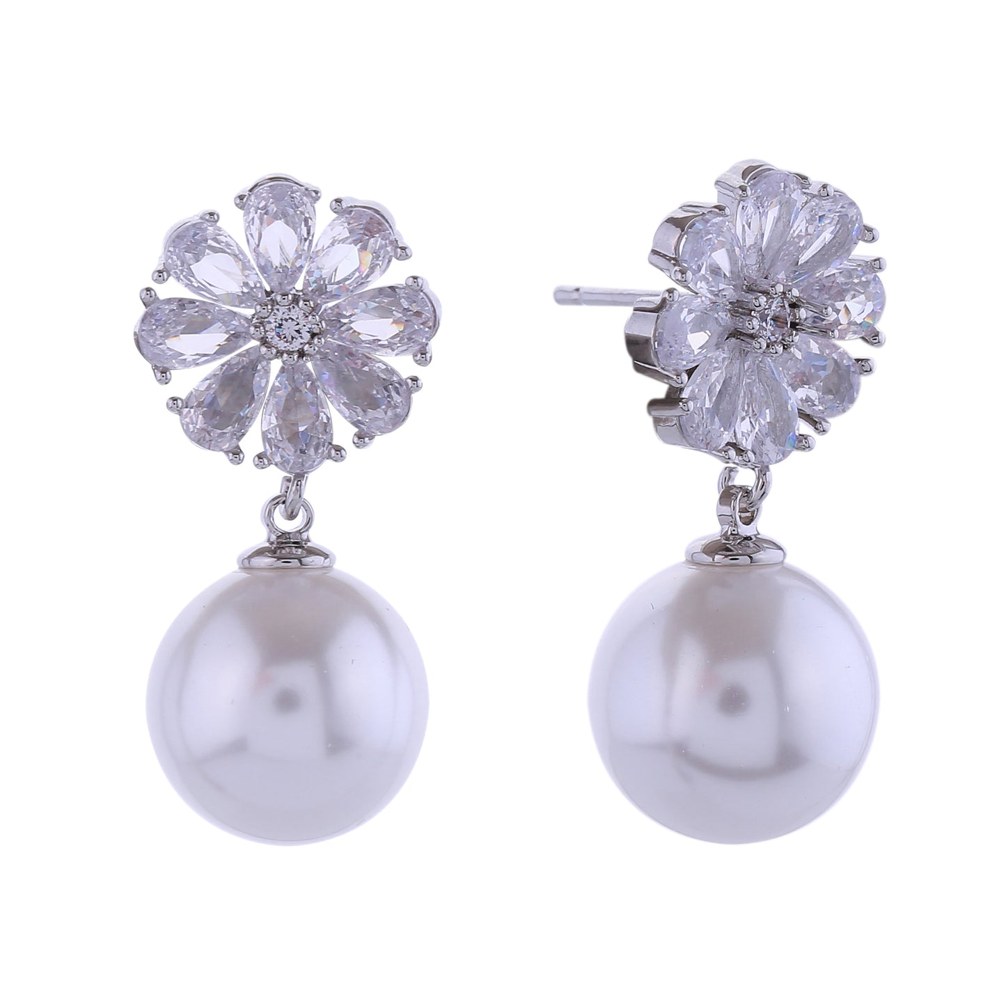 14K Gold/White Gold Dipped Flower Crystal Top Pearl Post Earrings