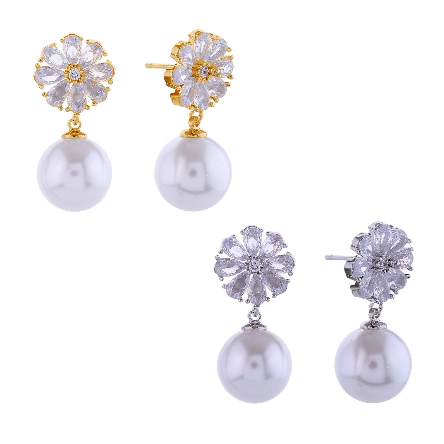 14K Gold/White Gold Dipped Flower Crystal Top Pearl Post Earrings
