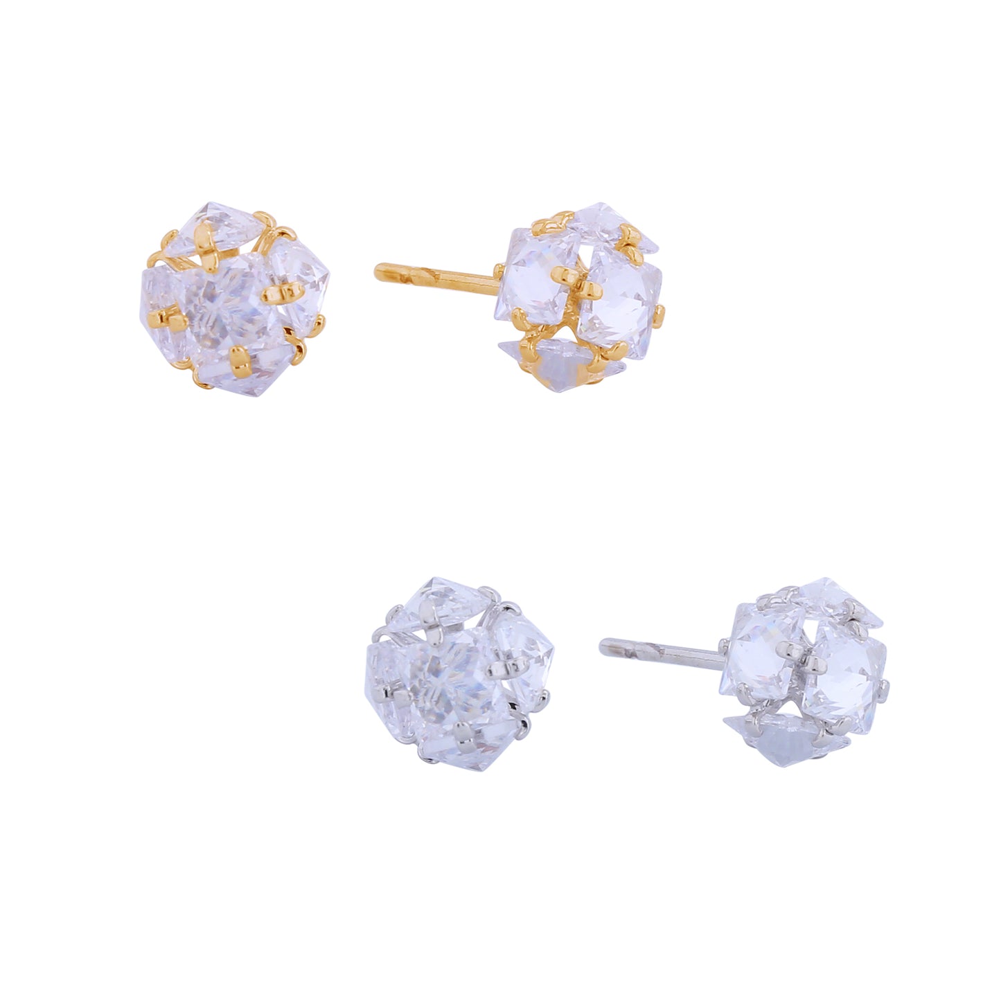 14K Gold/White Gold Dipped Princess Cut Cluster Stud Earrings