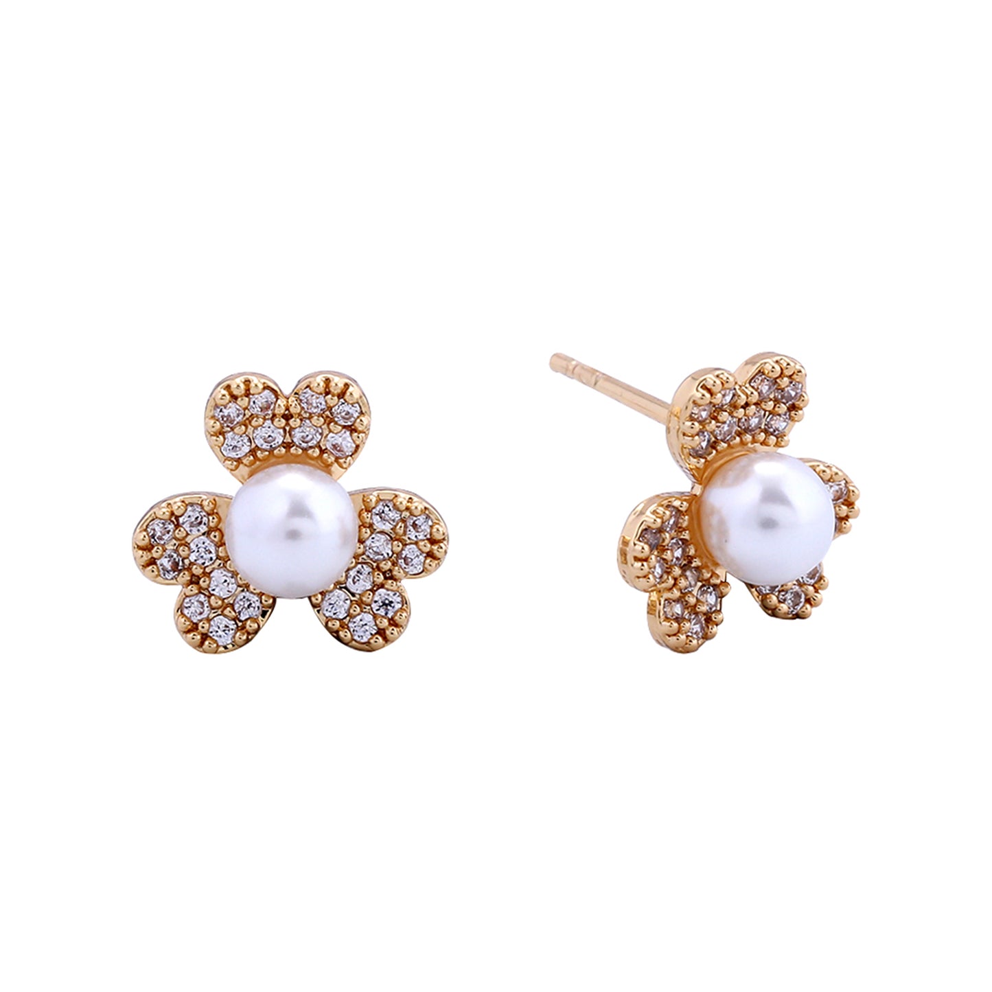 14K Gold/White Gold Dipped Clover Pinwheel Pearl Stud Earrings