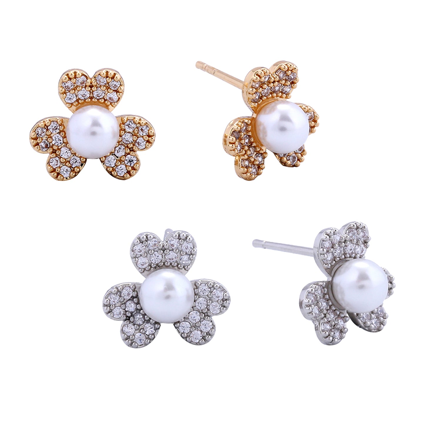 14K Gold/White Gold Dipped Clover Pinwheel Pearl Stud Earrings