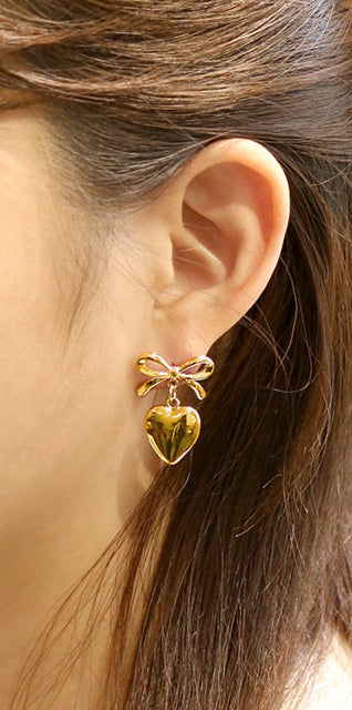14K Gold/White Gold Dipped Heart Ribbon Drop Earrings