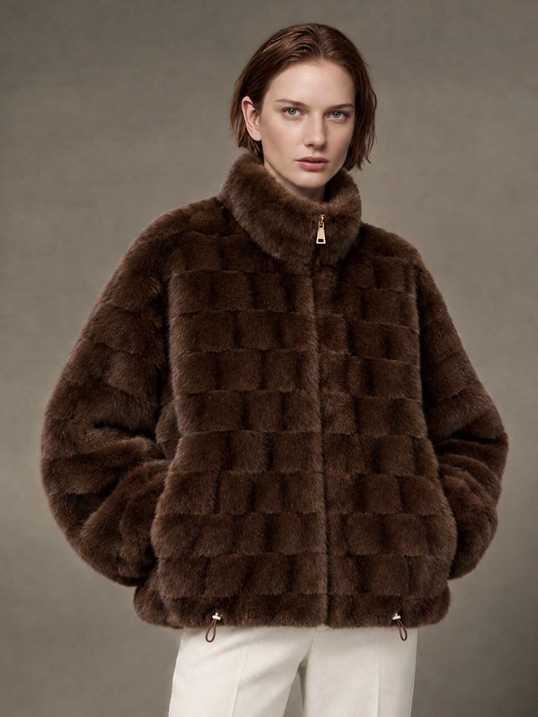 Checker Faux Fur Zip-Up Jacket