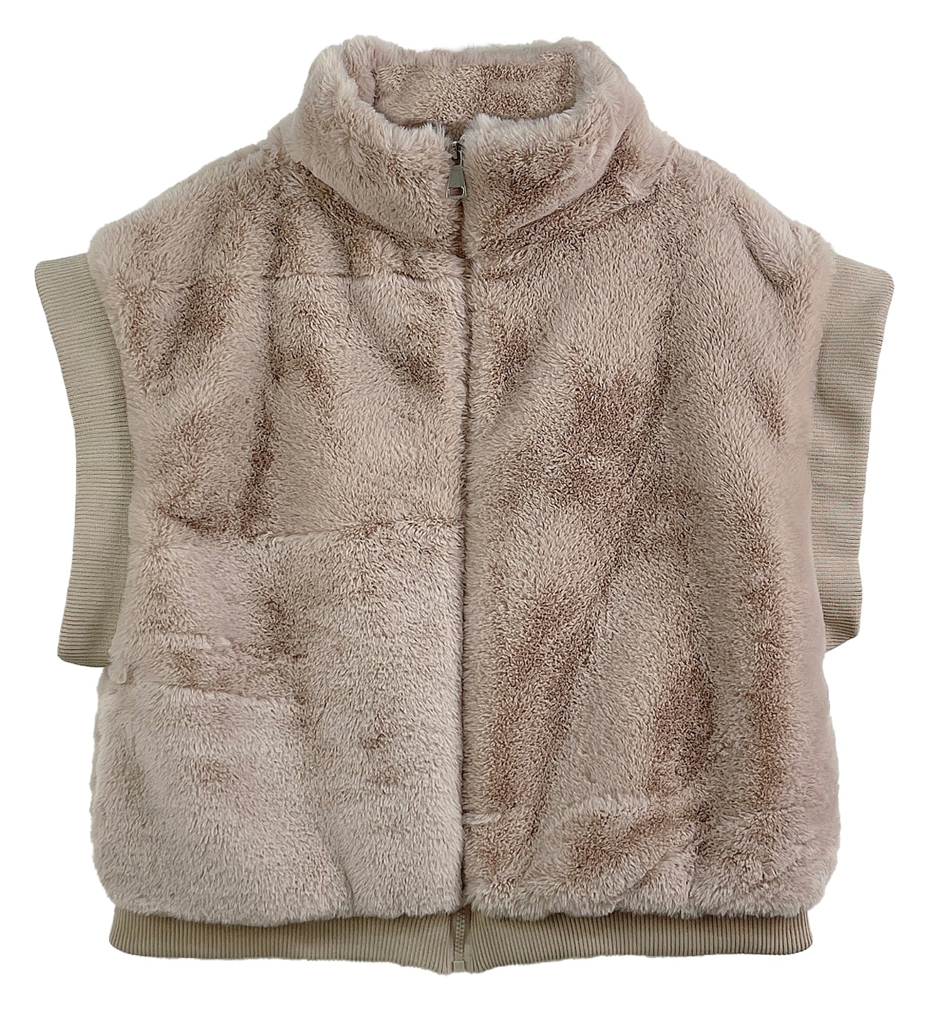 Faux Fur Rib Sleeve Vest: Beige