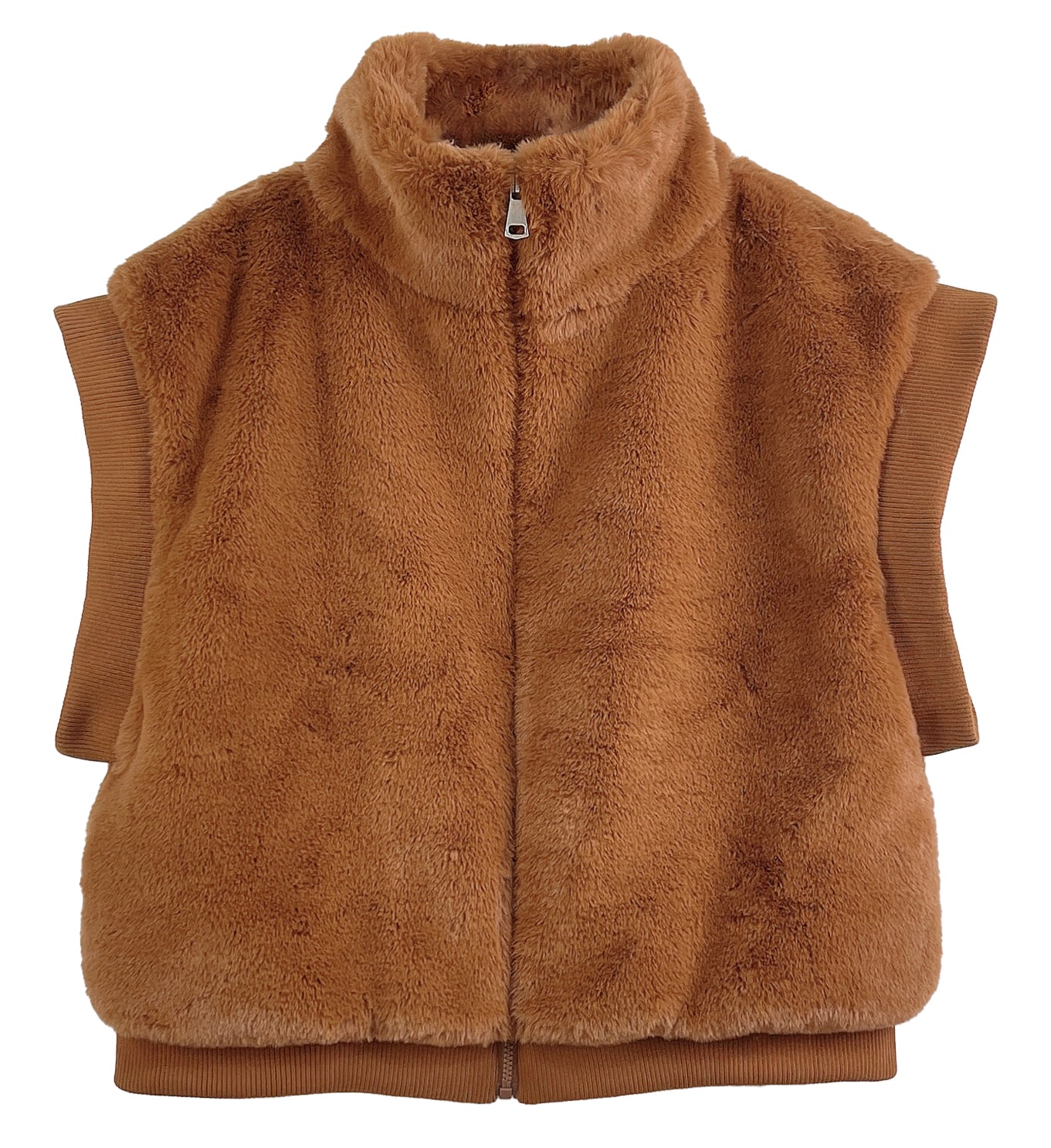 Faux Fur Rib Sleeve Vest: Rust