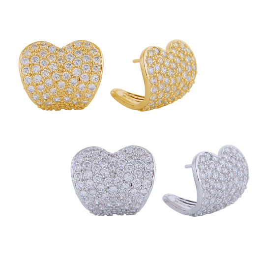 14K Gold/White Gold Dipped Heart Stud Pave CZ Earrings
