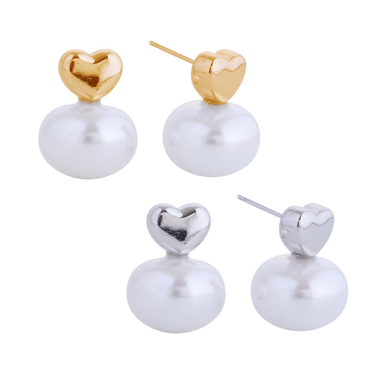 14K Gold/White Gold Dipped Heart Pearl Drop Earrings