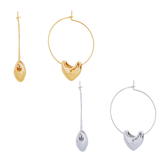 14K Gold/White Gold Dipped Heart Charm Hoop Earrings