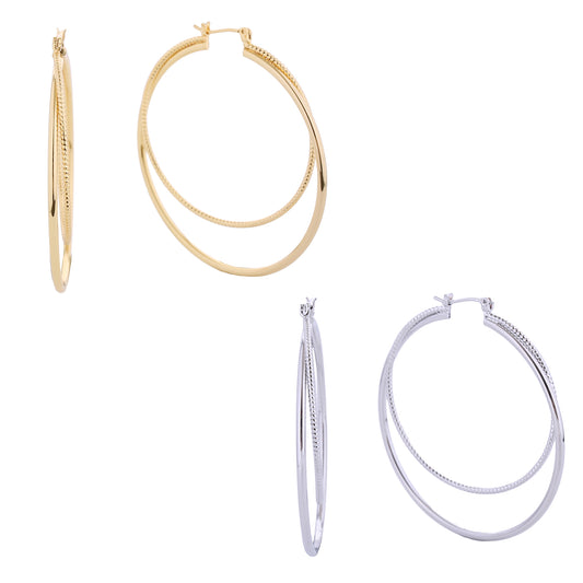 14K Gold/White Gold Dipped Double Cross Hoop Earrings