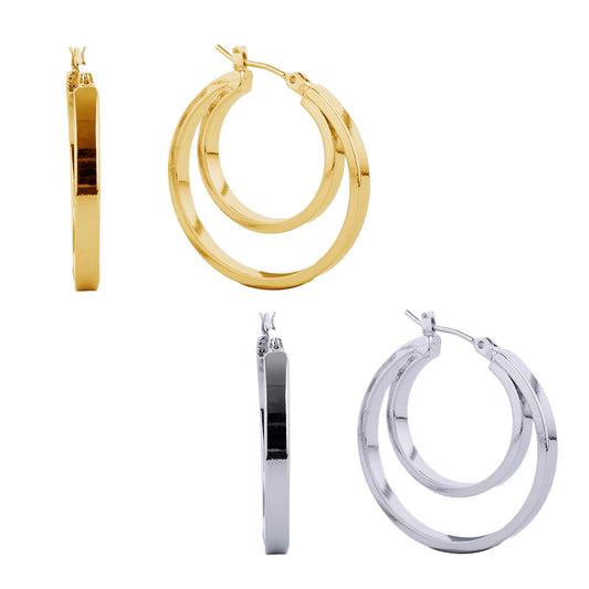 14K Gold/White Gold Dipped Pin Catch Double Hoop Earrings