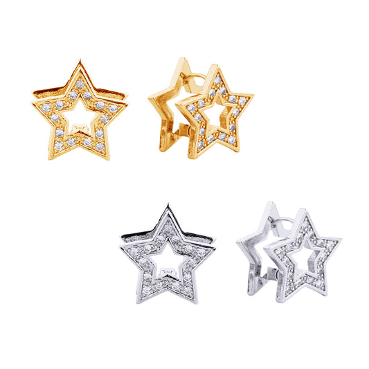 14K Gold/White Gold Dipped Star Pave CZ Huggie Earrings