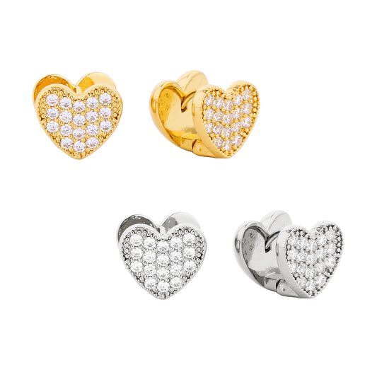 14K Gold/White Gold Dipped Heart Pave CZ Huggie Earrings