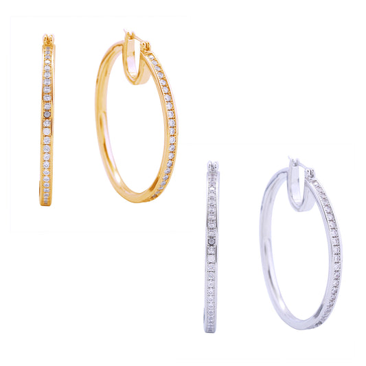 14K Gold/White Gold Dipped Pin Catch Hoop CZ Pave Earrings