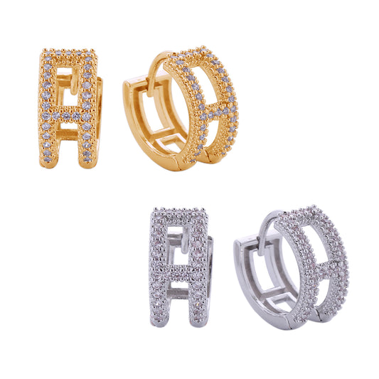 14K Gold/White Gold Dipped Initial H Pave CZ Huggie Earrings