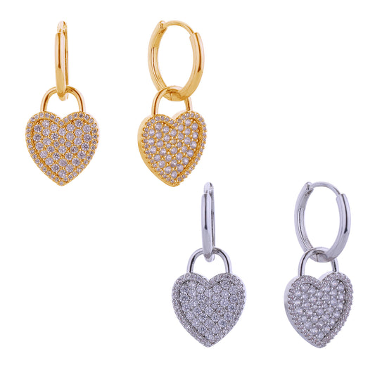 14K Gold/White Gold Dipped Crystal Heart Drop Huggie Earrings