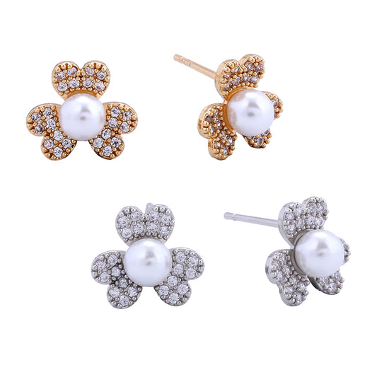 14K Gold/White Gold Dipped Clover Pinwheel Pearl Stud Earrings