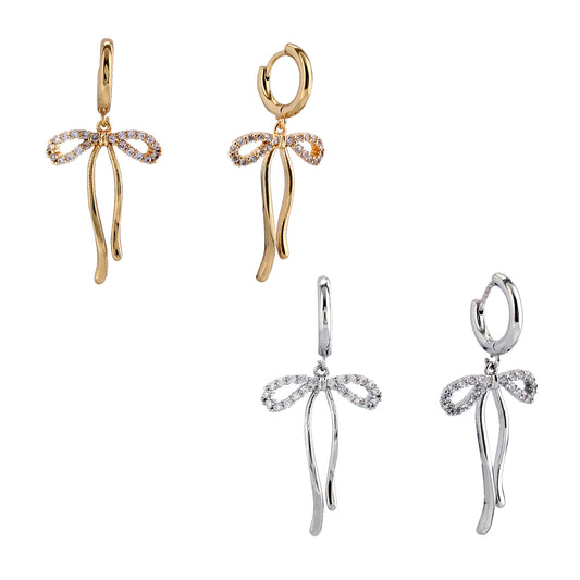 14K Gold/White Gold Dipped Dangling Ribbon Huggie Earrings