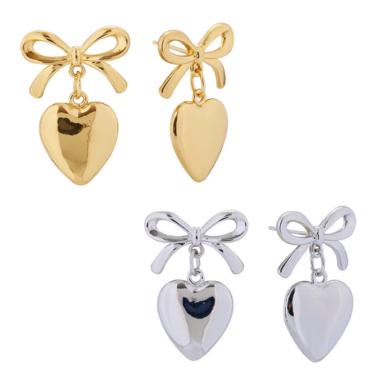 14K Gold/White Gold Dipped Heart Ribbon Drop Earrings