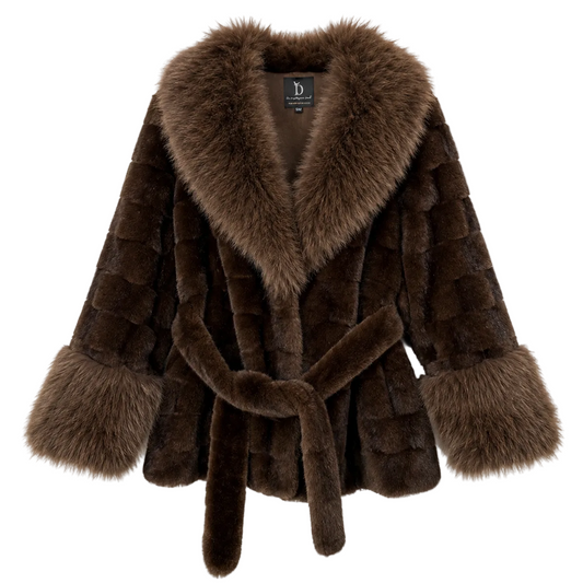 Belted Checker Faux Fur Coat