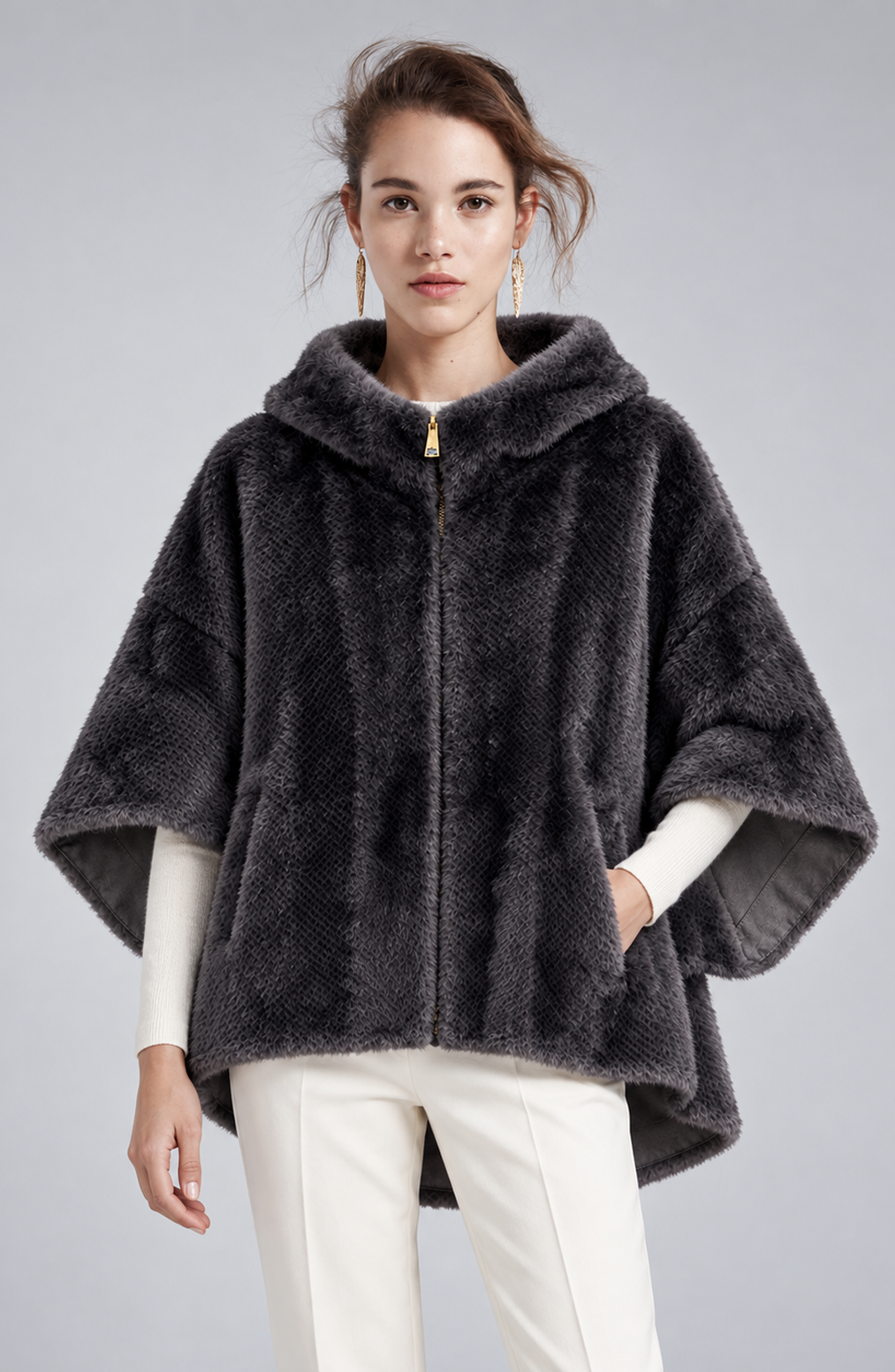Reversible Snake-Texture Faux Fur Cape Jacket