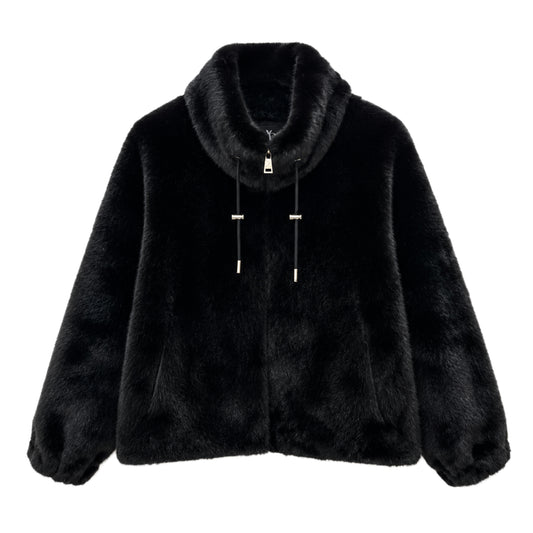 Drawstring Collar Faux Fur Jacket