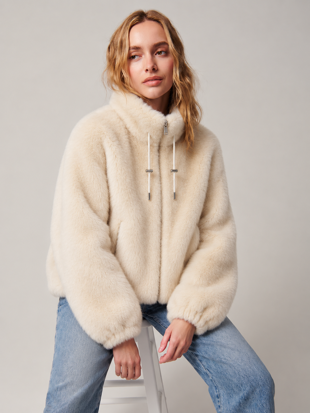 Drawstring Collar Faux Fur Jacket