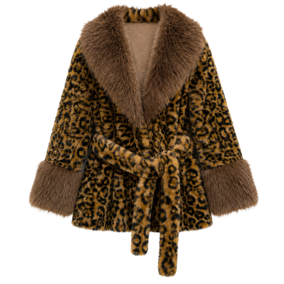 Belted Leopard Faux Fur Coat