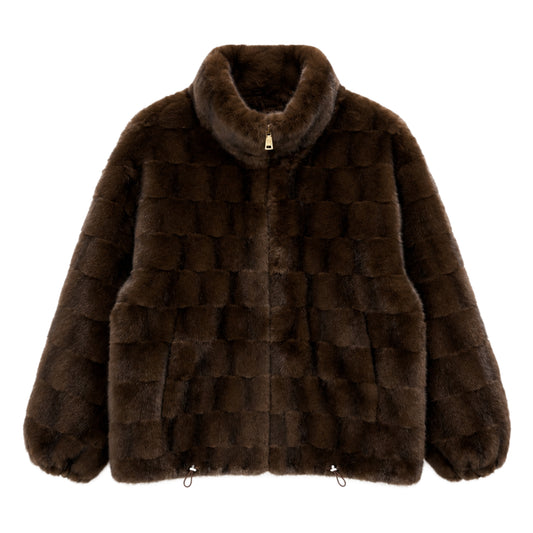 Checker Faux Fur Zip-Up Jacket