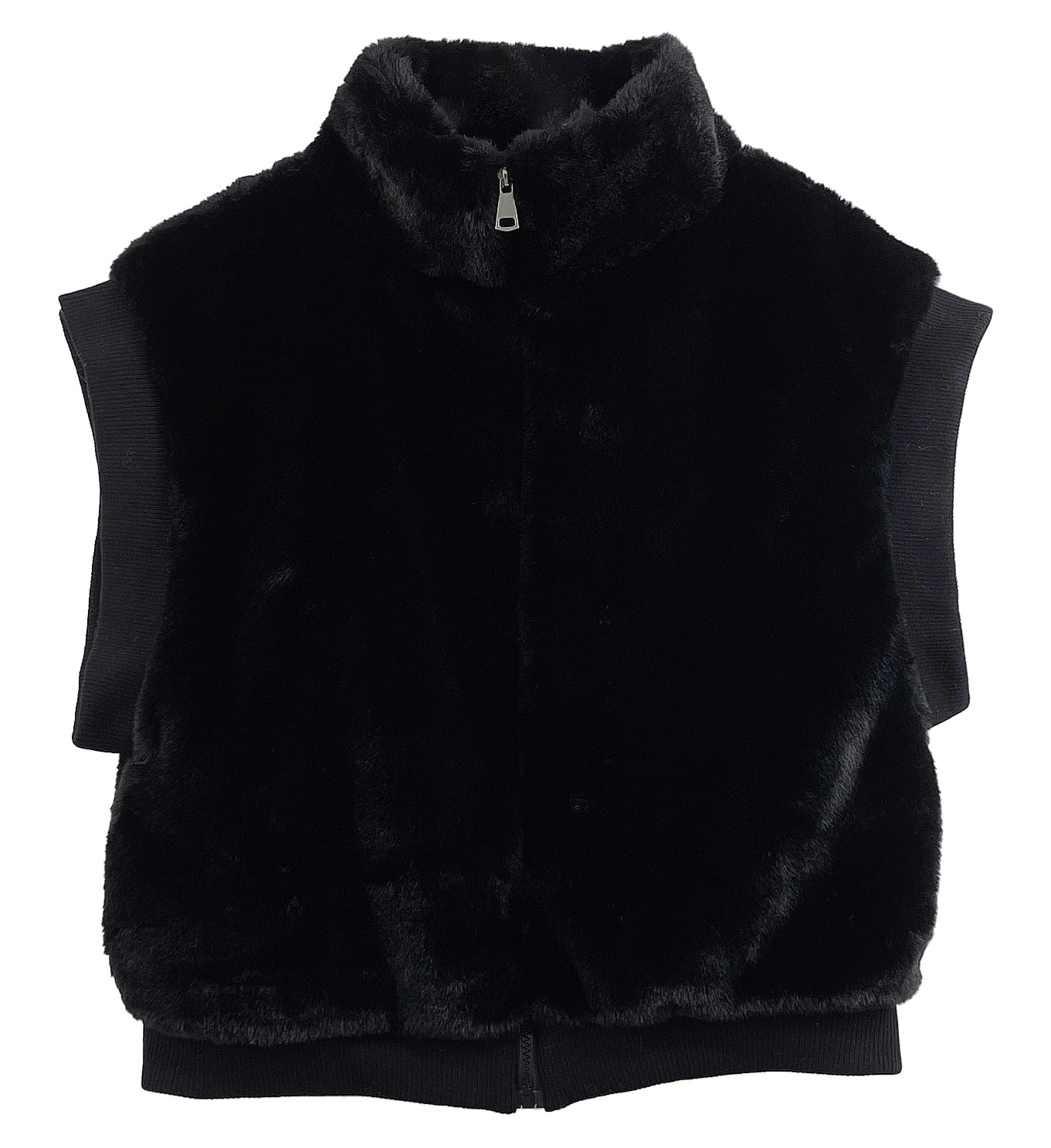 Faux Fur Rib Sleeve Vest: Black