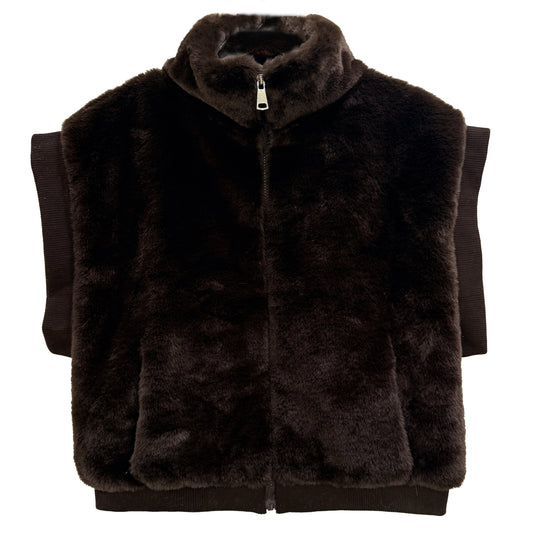 Faux Fur Rib Sleeve Vest: Brown