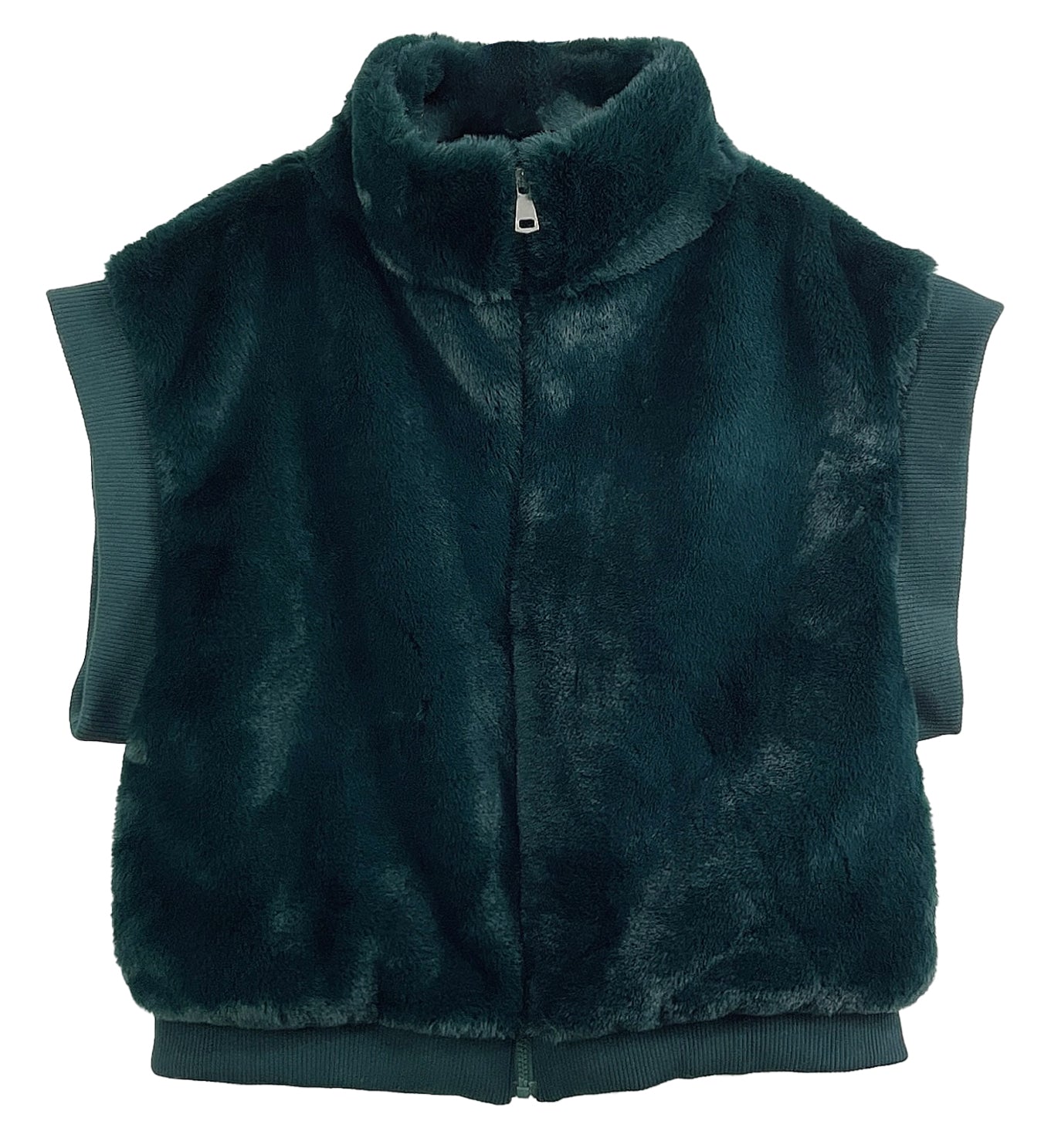 Faux Fur Rib Sleeve Vest: Green
