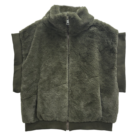 Faux Fur Rib Sleeve Vest: Moss Green