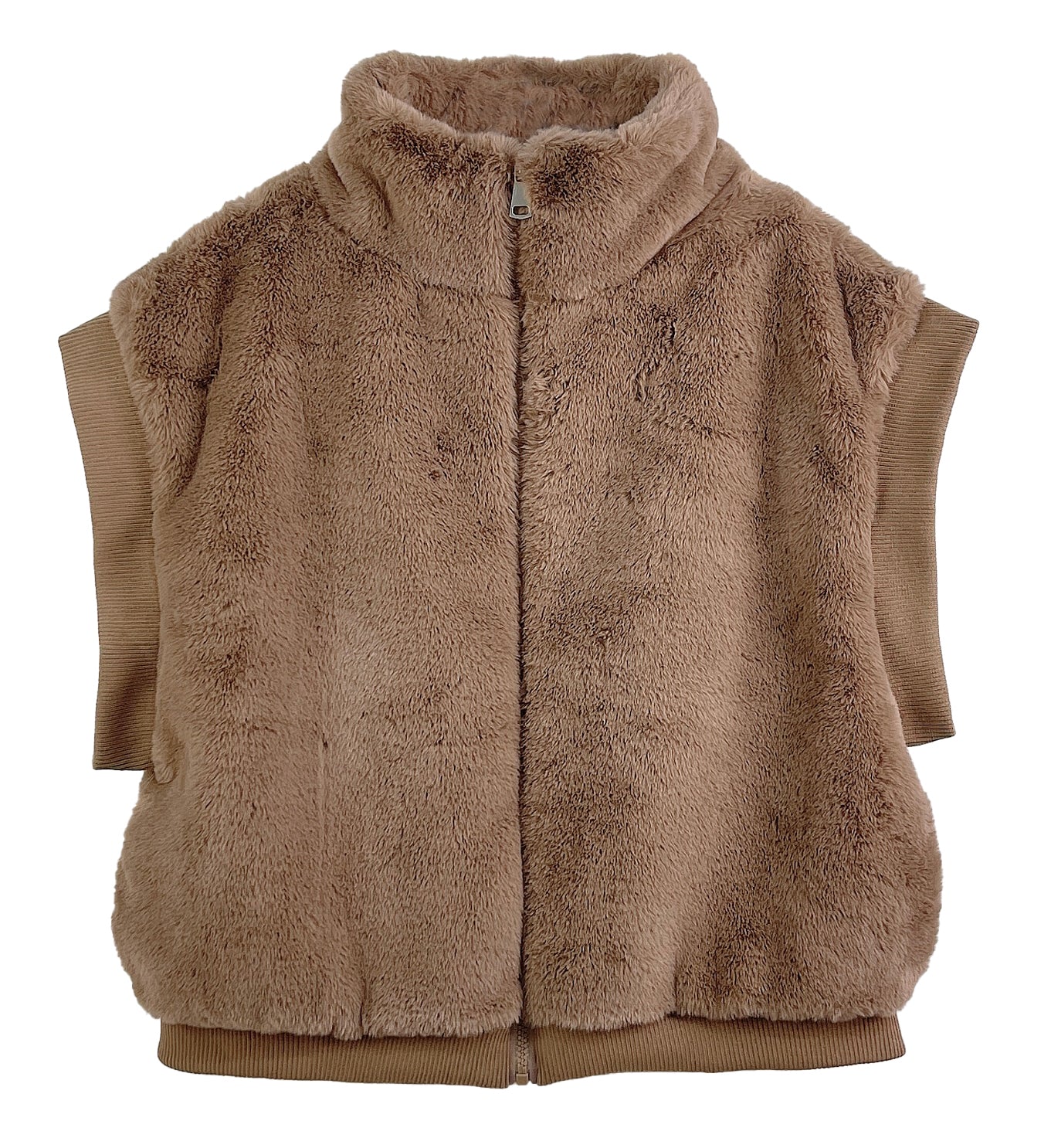 Faux Fur Rib Sleeve Vest: Taupe